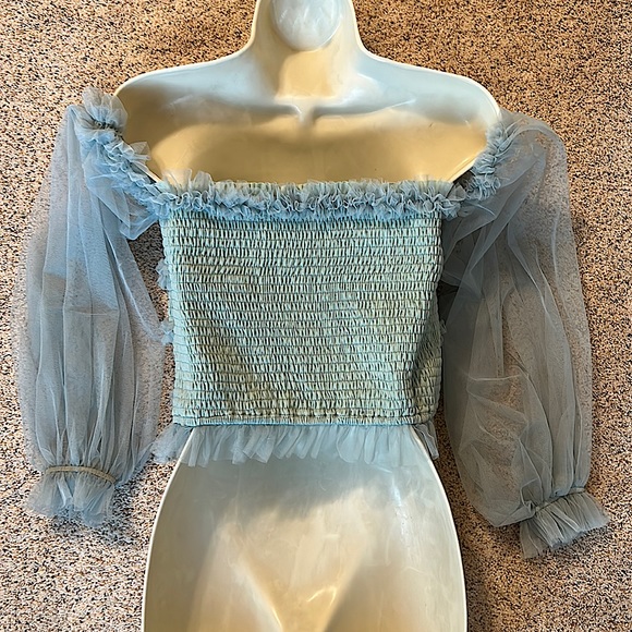 Mable Dreamy Wispy Sea Foam Green Ruffle Tulle Off Shoulder Shirt Top *Size L* - Picture 2 of 3
